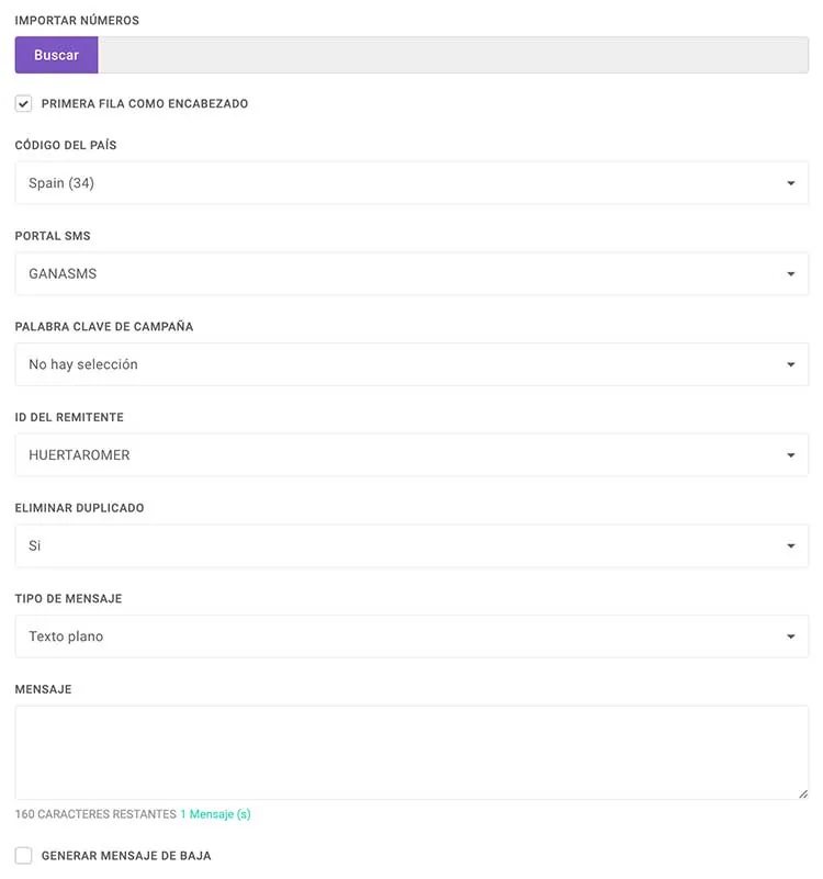 Captura de la app de Ganareseñas: formulario de envío masivo de SMS con importación de números