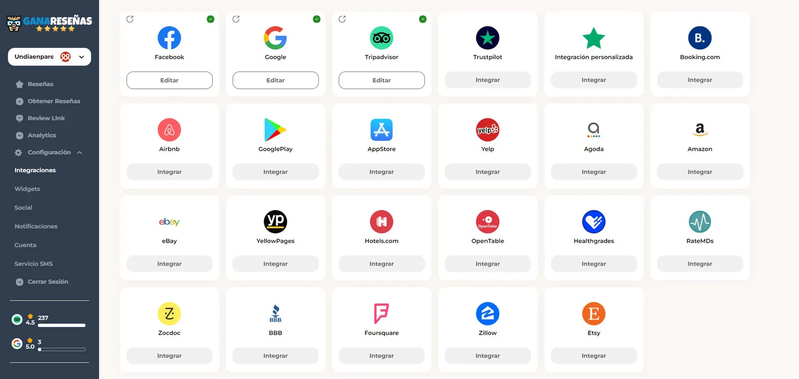 Captura de la app de Ganareseñas: pantalla de integraciones con Google, TripAdvisor, Booking y otras plataformas