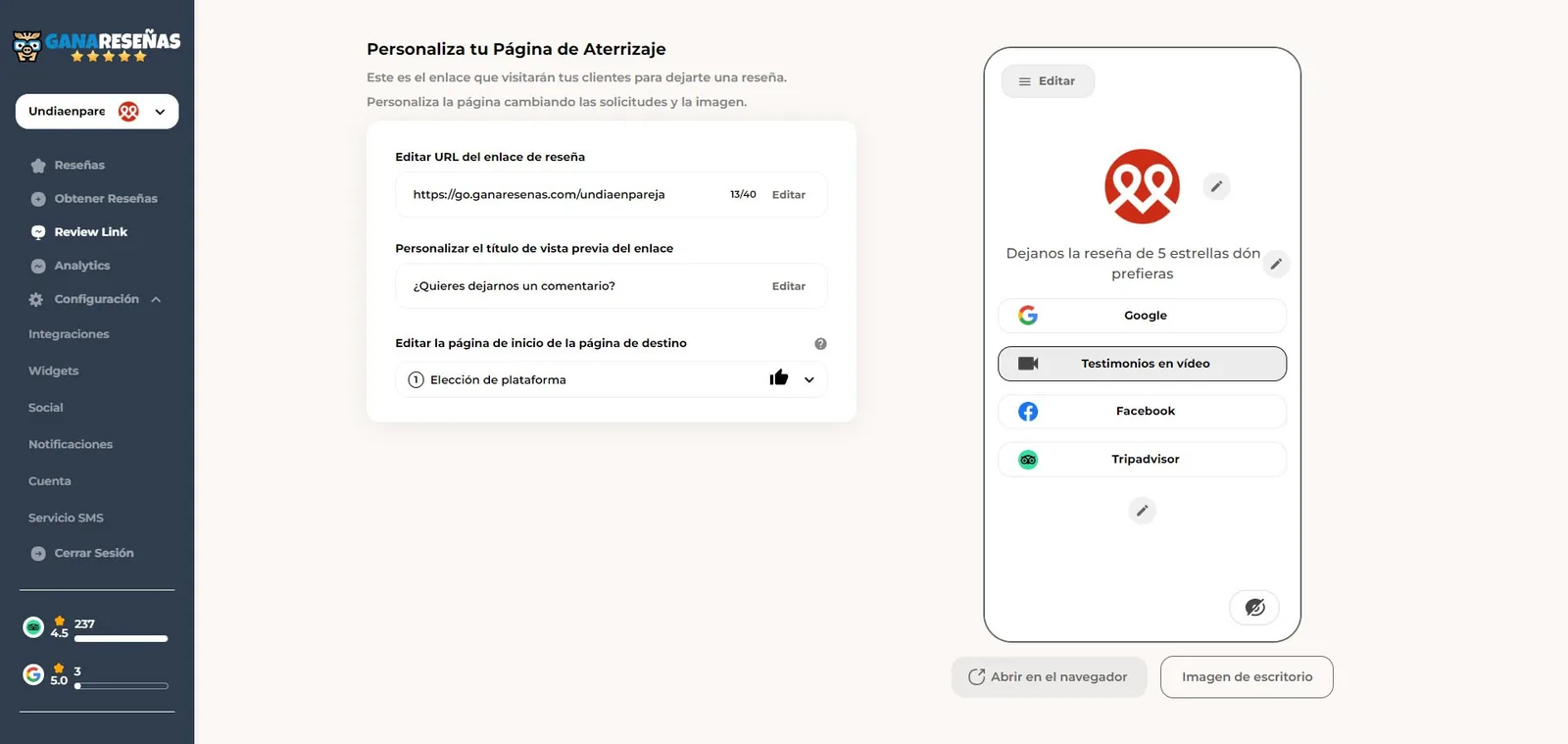 Recorte del editor del enlace de valoración: la dirección go.ganaresenas.com y el título «¿Quieres dejarnos un comentario?»
