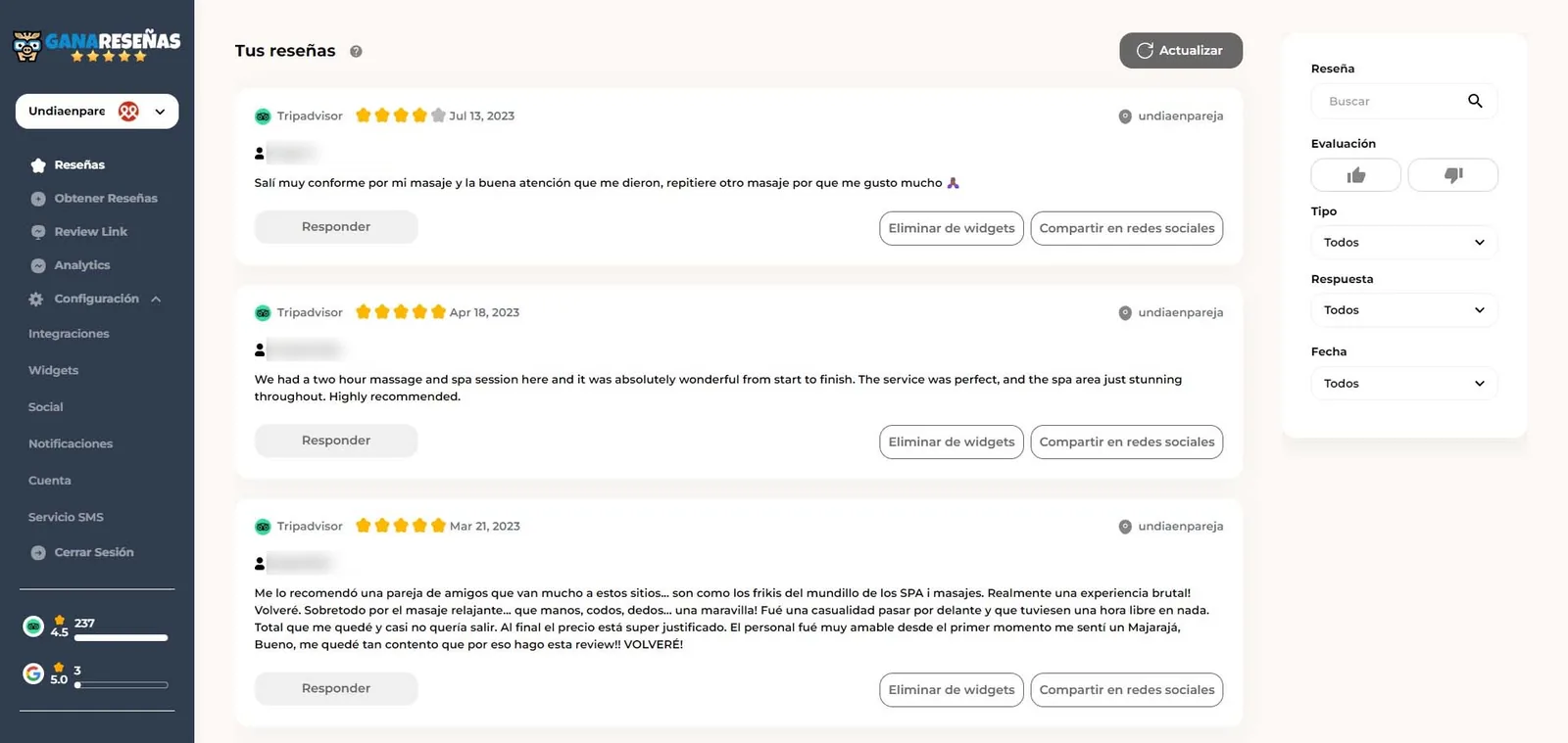 Recorte del panel de reseñas: dos reseñas de Tripadvisor con el botón Responder y los nombres difuminados