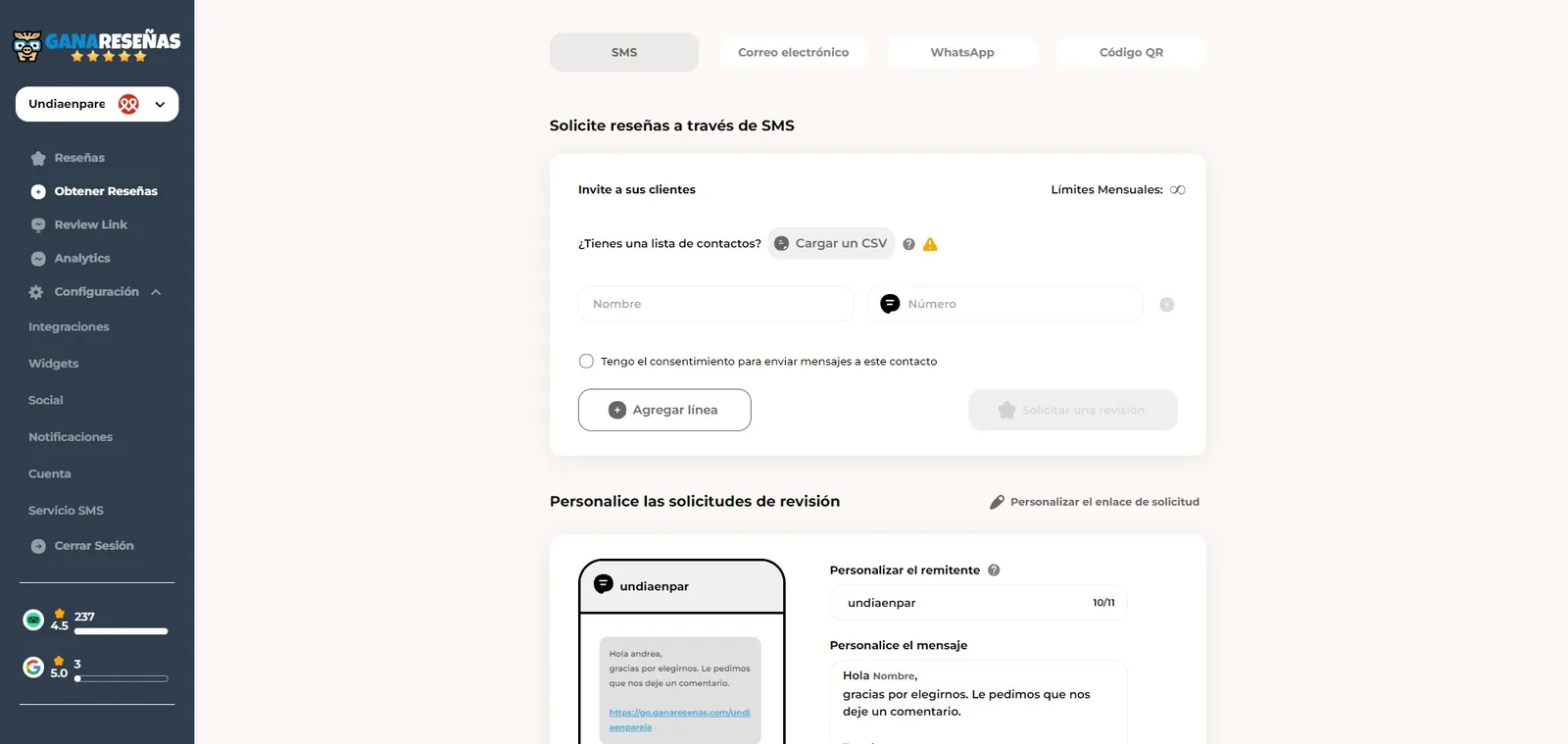 Captura de la app de Ganareseñas: pantalla para pedir reseñas por SMS con el mensaje personalizado