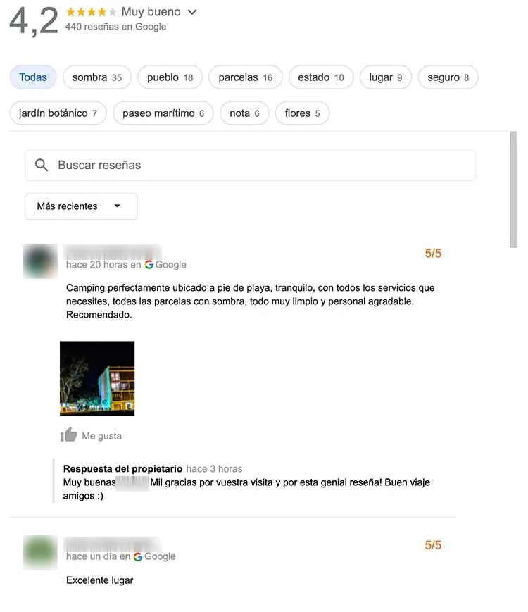 Captura de las reseñas de Google de un camping: nota 4,2 y reseñas de 5 estrellas con respuesta del propietario