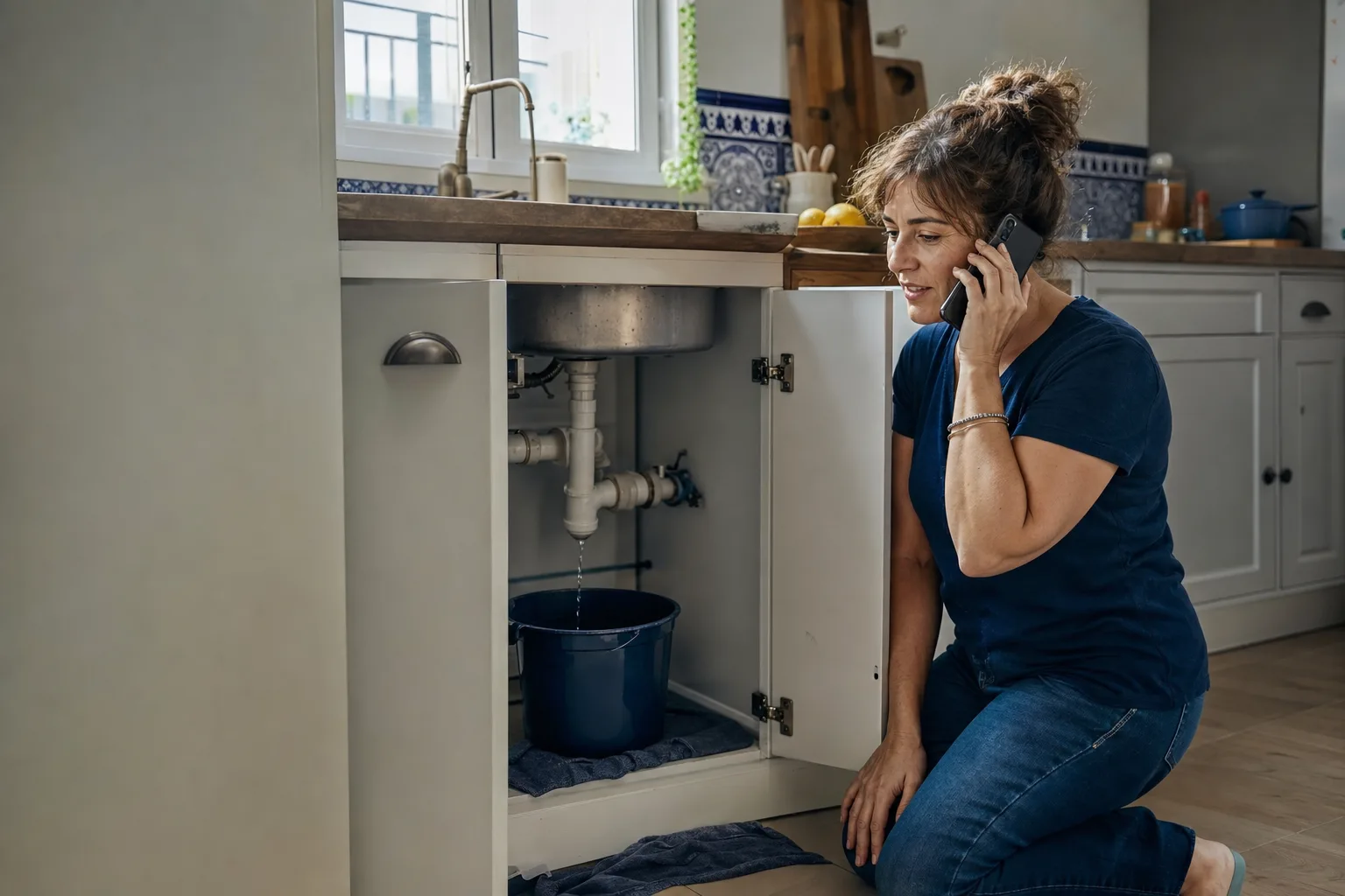 Mujer llamando por teléfono a un profesional junto al fregadero de su cocina, con un cubo recogiendo una gotera (imagen generada con IA)