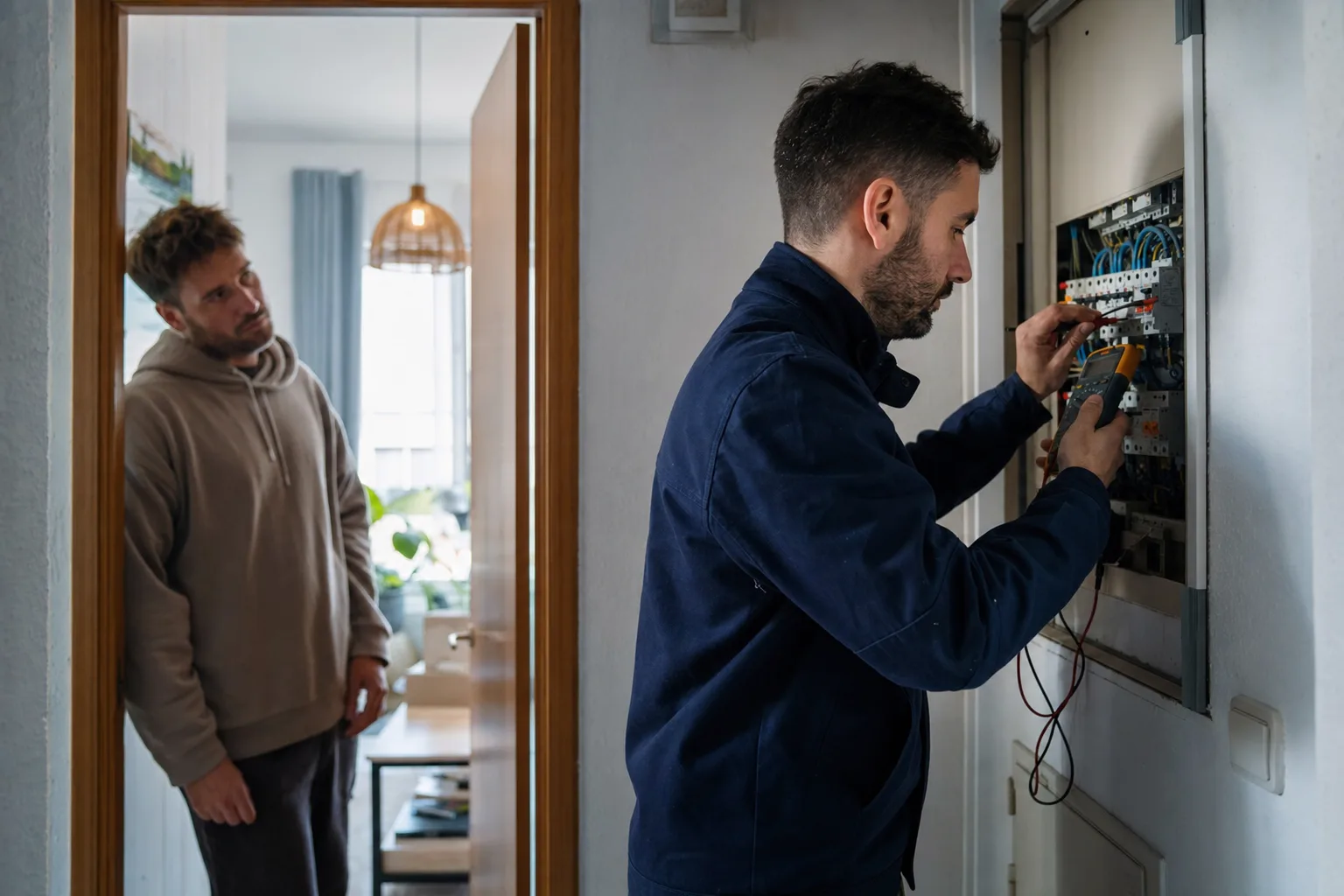 Electricista revisando el cuadro eléctrico de un piso (imagen generada con IA)