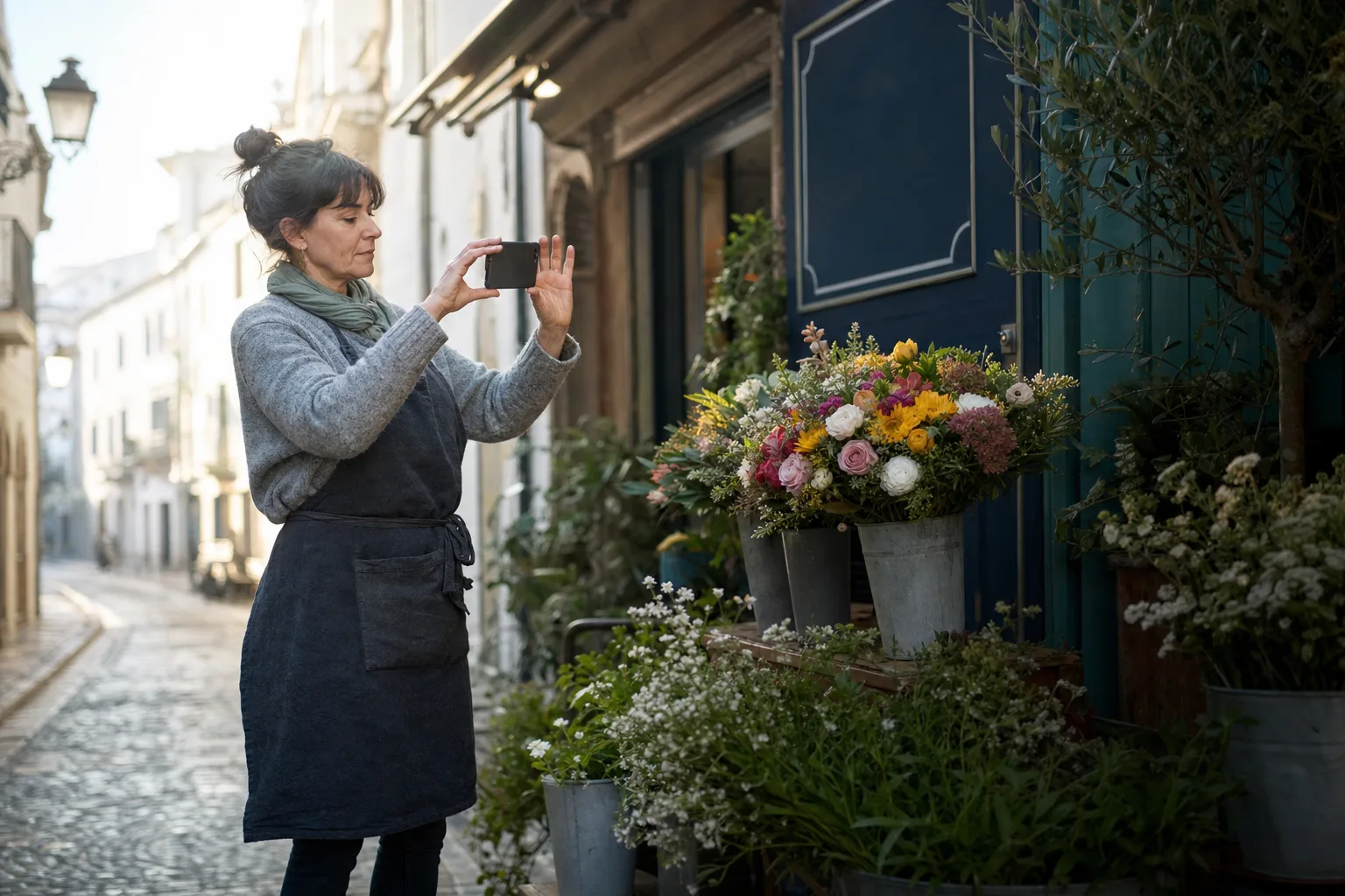 Florista fotografiando un ramo con el móvil delante de su tienda (imagen generada con IA)