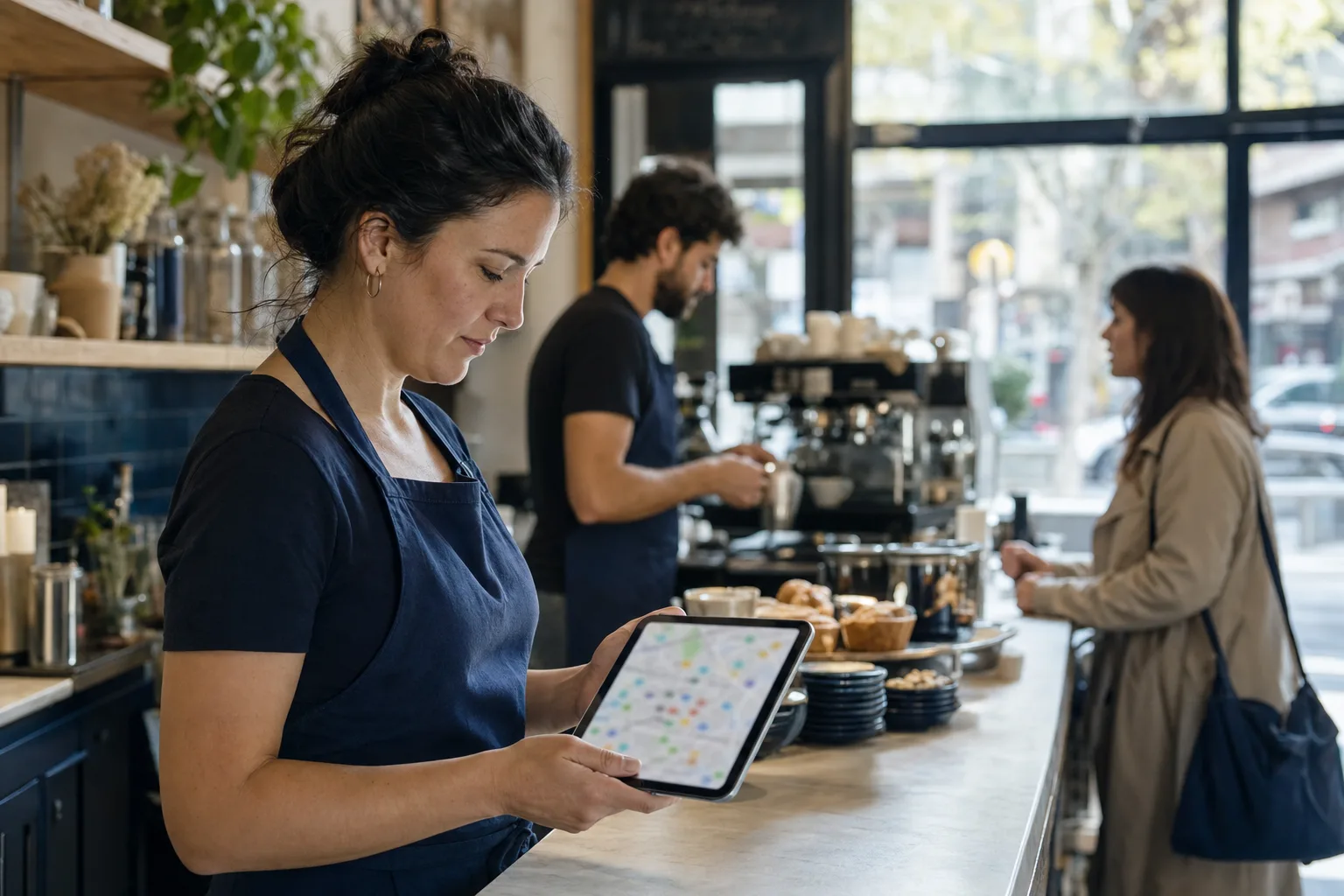 Dueña de una cafetería mirando en una tableta un mapa con marcadores, junto a la barra (imagen generada con IA)