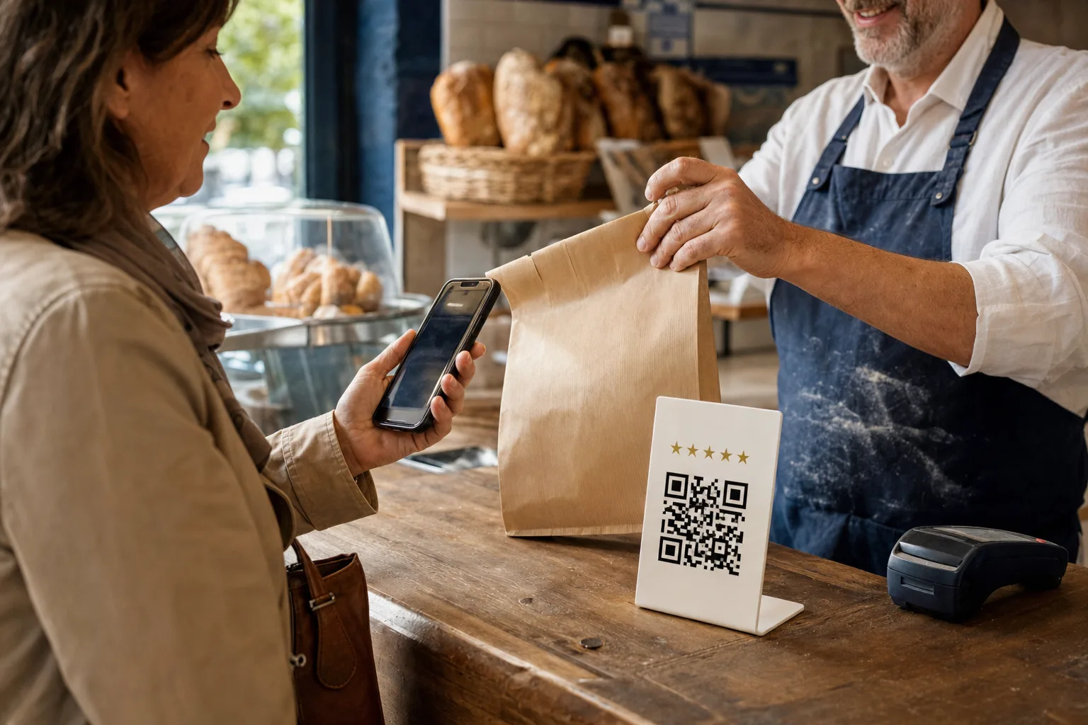 Clienta escaneando con el móvil un código QR en el mostrador de una panadería (imagen generada con IA)
