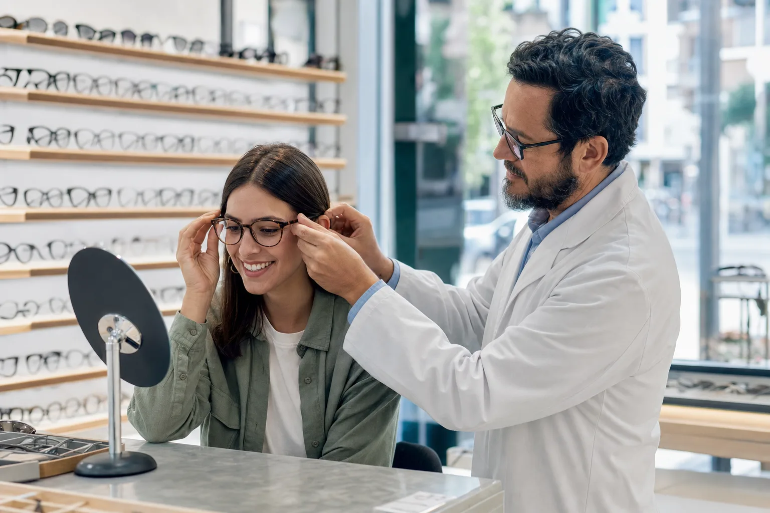 Óptico ajustando unas gafas nuevas a una clienta (imagen generada con IA)