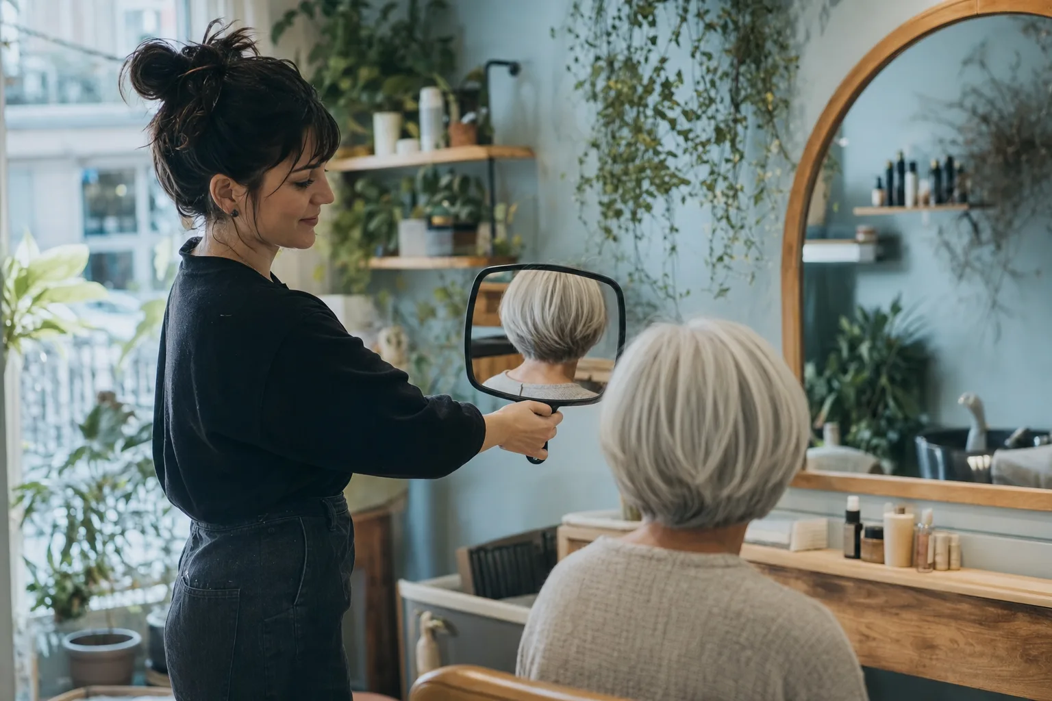 Peluquera enseñando a una clienta su corte de pelo con un espejo de mano (imagen generada con IA)