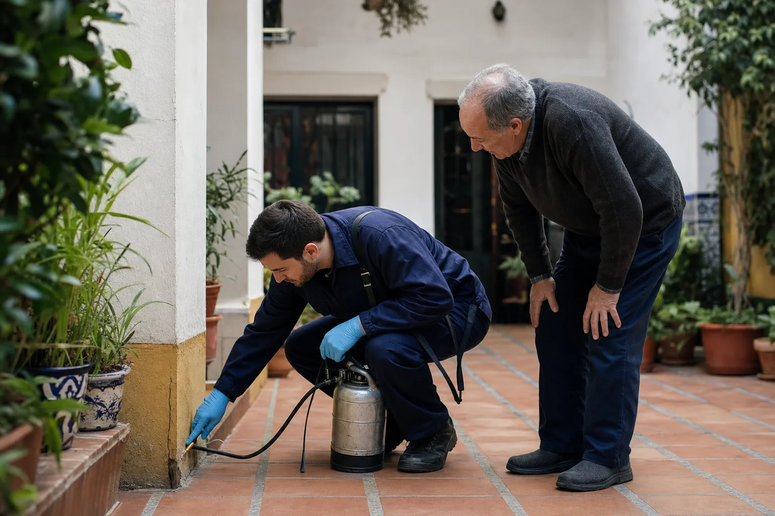 Técnico de control de plagas revisando el patio de un edificio con el conserje (imagen generada con IA)