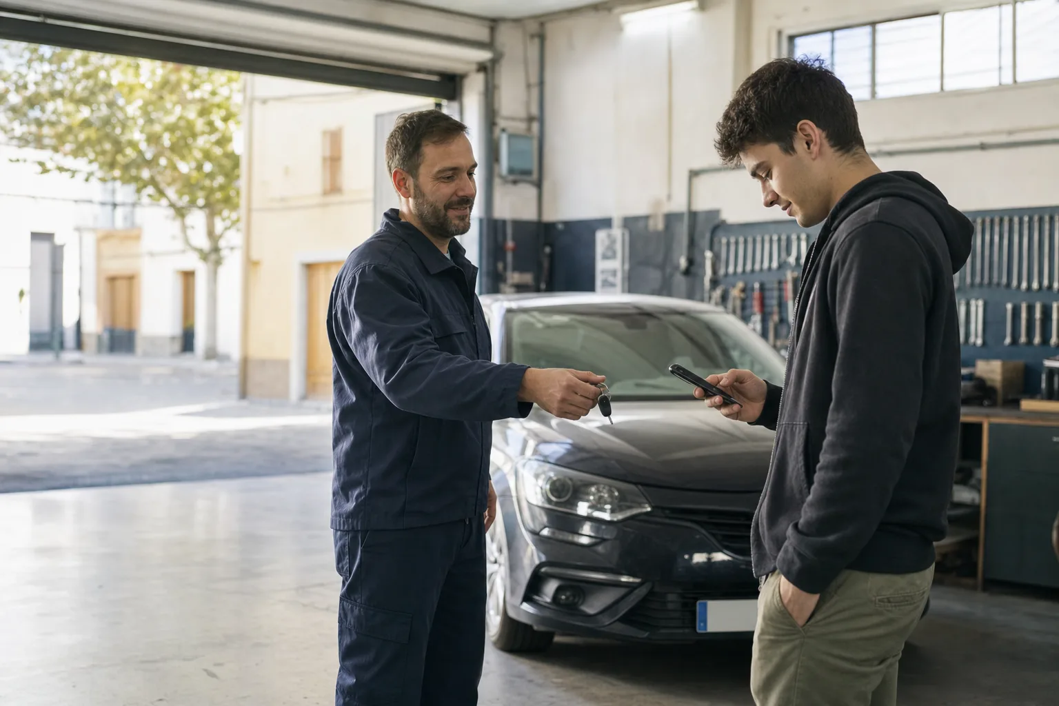 Mecánico entregando las llaves del coche a un cliente que mira un mensaje en el móvil (imagen generada con IA)