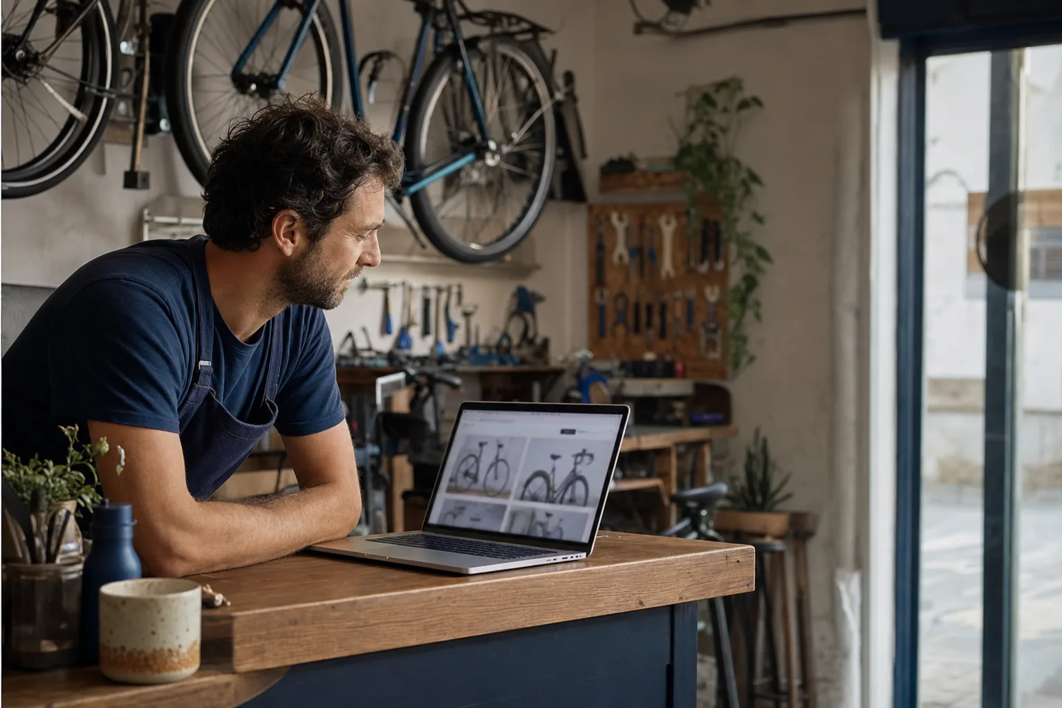 Dueño de un taller de bicicletas revisando la web de su negocio en un portátil, en el mostrador (imagen generada con IA)